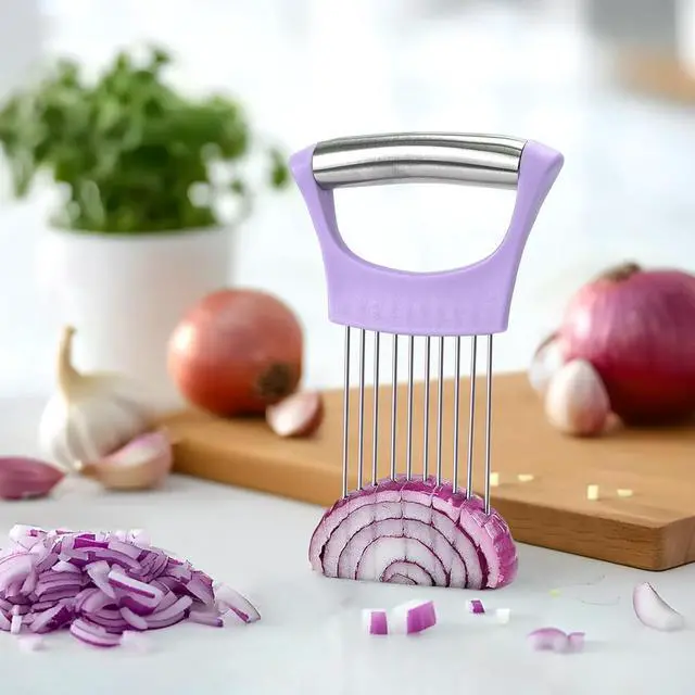 Alt view image 6 of 7 - Stainless Steel Onion Holder for Slicing,Onion Slicer Holder, Onion Cutter for Slicing of Onions, Tomatoes,Avocados,Eggs and Other Vegetables,Kitchen Utensils Gift (Purple)