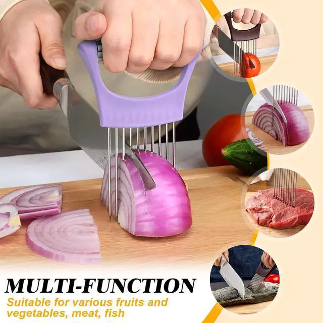 Alt view image 5 of 7 - Stainless Steel Onion Holder for Slicing,Onion Slicer Holder, Onion Cutter for Slicing of Onions, Tomatoes,Avocados,Eggs and Other Vegetables,Kitchen Utensils Gift (Purple)