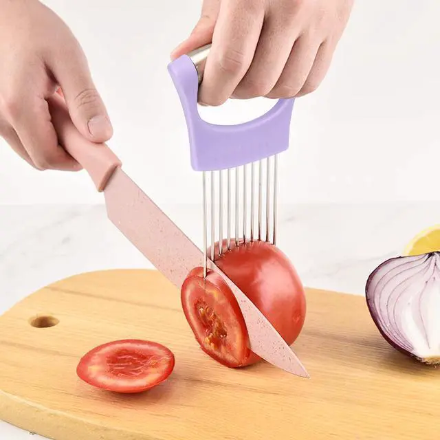 Alt view image 7 of 7 - Stainless Steel Onion Holder for Slicing,Onion Slicer Holder, Onion Cutter for Slicing of Onions, Tomatoes,Avocados,Eggs and Other Vegetables,Kitchen Utensils Gift (Purple)