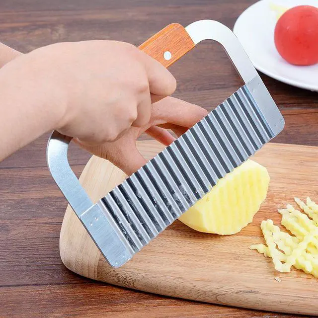 Alt view image 2 of 6 - Crinkle Chopper, Wavy Potato Soap Cutting Tool French Fry Slicer Stainless Steel Blade Wooden Handle Serrator Chopping Knife, Set of 2