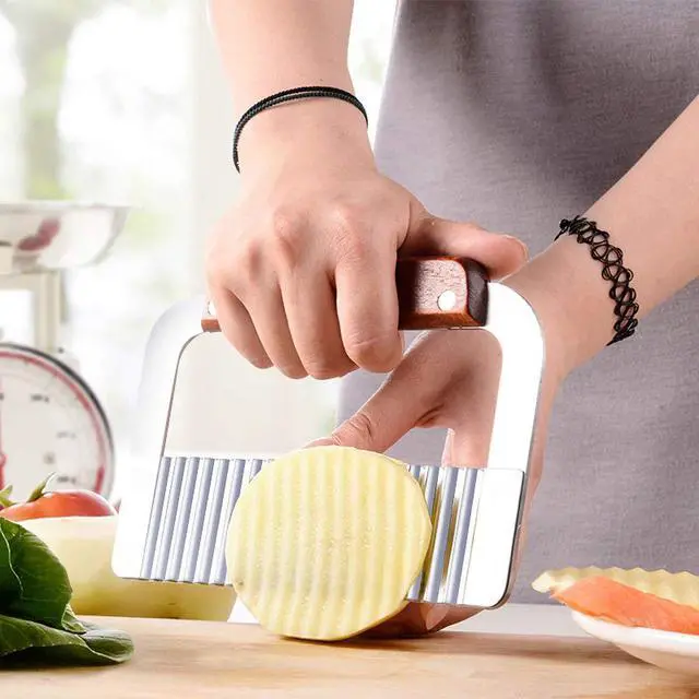 Alt view image 3 of 6 - Crinkle Chopper, Wavy Potato Soap Cutting Tool French Fry Slicer Stainless Steel Blade Wooden Handle Serrator Chopping Knife, Set of 2