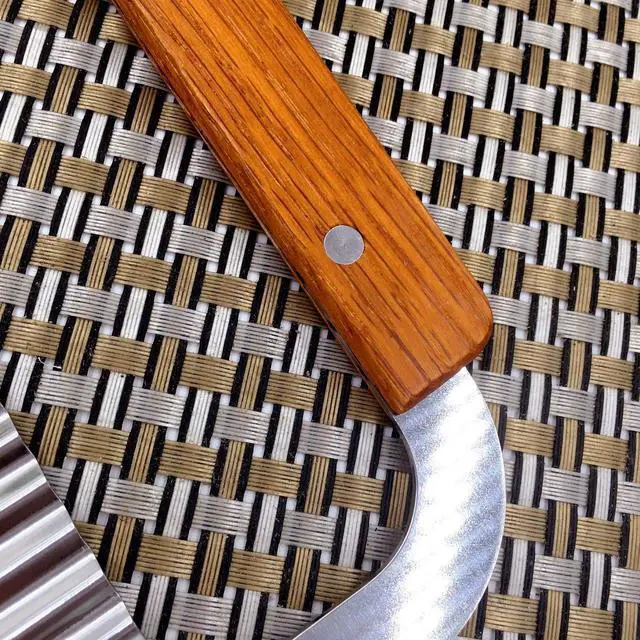 Alt view image 4 of 6 - Crinkle Chopper, Wavy Potato Soap Cutting Tool French Fry Slicer Stainless Steel Blade Wooden Handle Serrator Chopping Knife, Set of 2