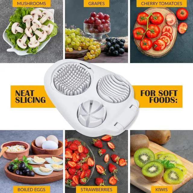 Alt view image 5 of 7 - Egg Slicer for Hard Boiled Eggs - 3 Slice Modes Egg Cutter, Heavy Duty, Stainless Steel Dicer - Kitchen Chopper Tool for Strawberry, Mushroom, Grape, Cherry Tomato - White