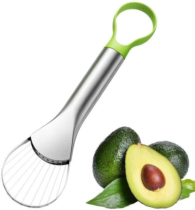 Main image of Avocado Slicer Tool, 3-in-1 Stainless Steel Avocado Slicer Tool with Peeler & Pitter, Silver & Green Design for Slicing, Scooping Pit Removal (9.37 x 2.28 In)