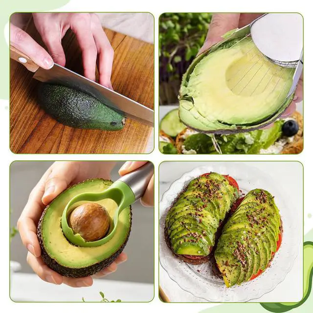 Alt view image 4 of 7 - Avocado Slicer Tool, 3-in-1 Stainless Steel Avocado Slicer Tool with Peeler & Pitter, Silver & Green Design for Slicing, Scooping Pit Removal (9.37 x 2.28 In)