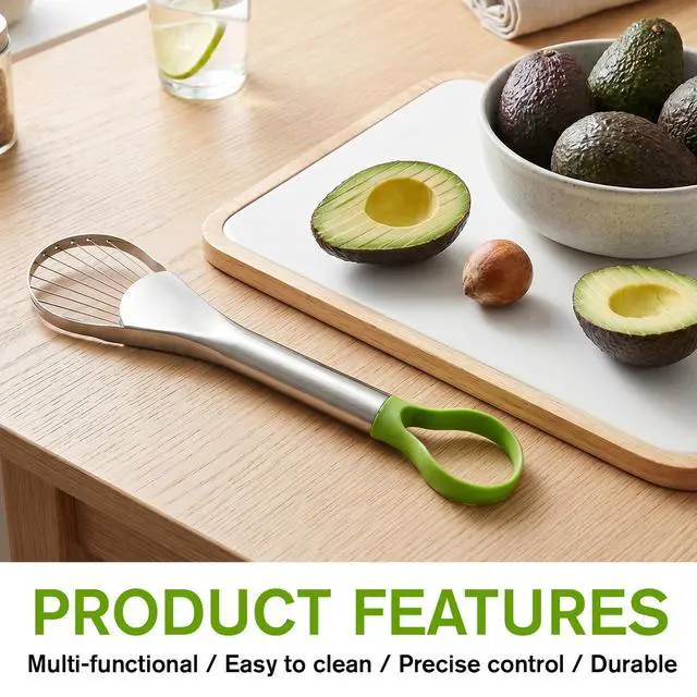 Alt view image 6 of 7 - Avocado Slicer Tool, 3-in-1 Stainless Steel Avocado Slicer Tool with Peeler & Pitter, Silver & Green Design for Slicing, Scooping Pit Removal (9.37 x 2.28 In)