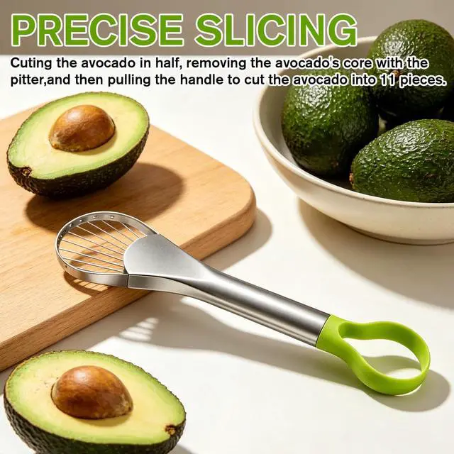 Alt view image 7 of 7 - Avocado Slicer Tool, 3-in-1 Stainless Steel Avocado Slicer Tool with Peeler & Pitter, Silver & Green Design for Slicing, Scooping Pit Removal (9.37 x 2.28 In)