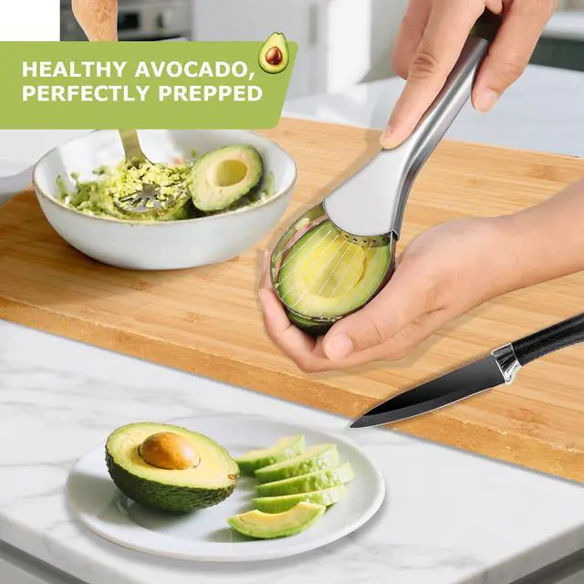 Alt view image 2 of 7 - Avocado Slicer Tool 3 in 1, Stainless Steel Avocado Cutter Tool Set, Avocado Masher & Avocado Peeler Tools, Multi-Function Avocado Smasher Tools for Slicing, Scooping and Pit Removal