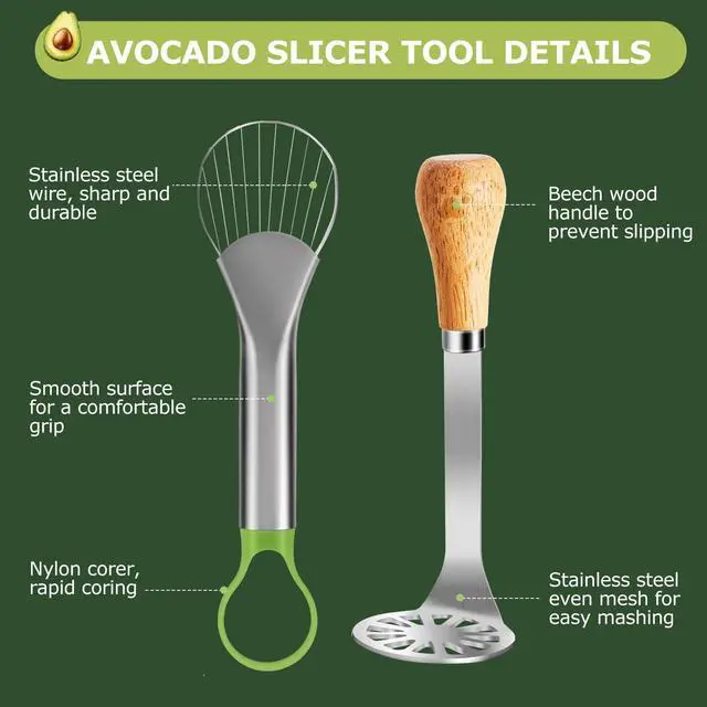 Alt view image 3 of 7 - Avocado Slicer Tool 3 in 1, Stainless Steel Avocado Cutter Tool Set, Avocado Masher & Avocado Peeler Tools, Multi-Function Avocado Smasher Tools for Slicing, Scooping and Pit Removal