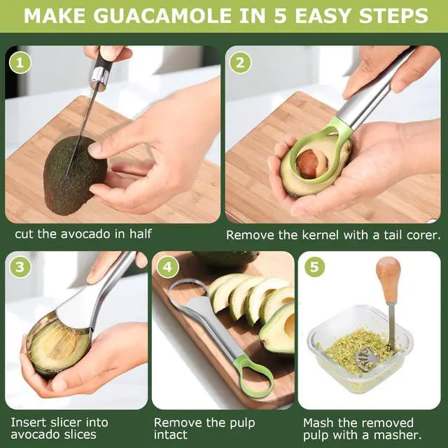 Alt view image 4 of 7 - Avocado Slicer Tool 3 in 1, Stainless Steel Avocado Cutter Tool Set, Avocado Masher & Avocado Peeler Tools, Multi-Function Avocado Smasher Tools for Slicing, Scooping and Pit Removal
