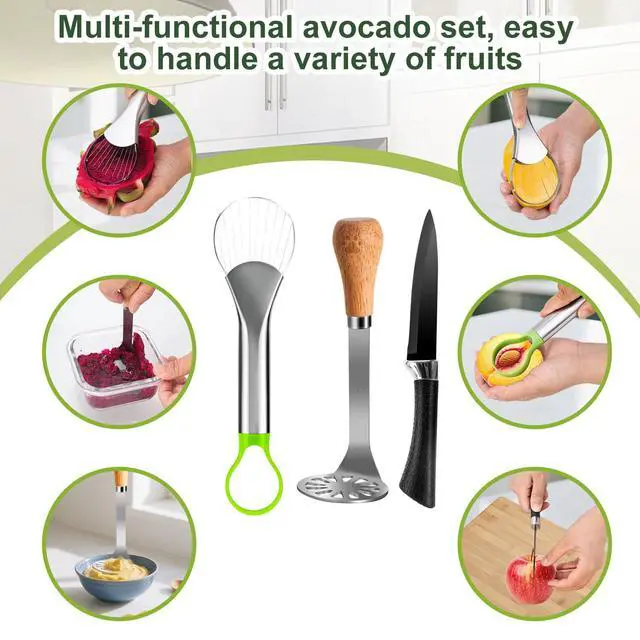 Alt view image 5 of 7 - Avocado Slicer Tool 3 in 1, Stainless Steel Avocado Cutter Tool Set, Avocado Masher & Avocado Peeler Tools, Multi-Function Avocado Smasher Tools for Slicing, Scooping and Pit Removal