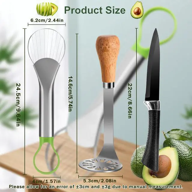 Alt view image 7 of 7 - Avocado Slicer Tool 3 in 1, Stainless Steel Avocado Cutter Tool Set, Avocado Masher & Avocado Peeler Tools, Multi-Function Avocado Smasher Tools for Slicing, Scooping and Pit Removal