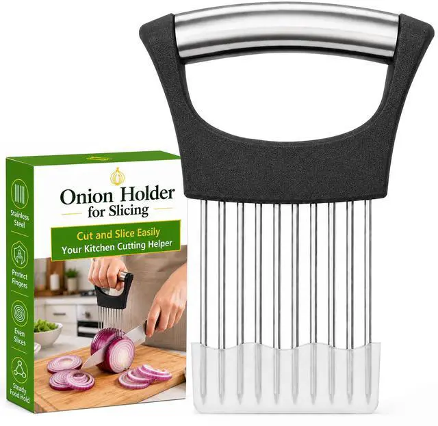Main image of Slicer, Stainless Steel Onion Holder for Slicing with Protective Cover, Onion Cutter Tool, Food Slicing Guide for Kitchen, Tomato, Potato, Lemon, Meat, Avocado, Egg, Fruit