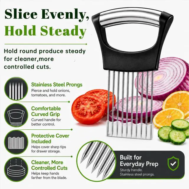Alt view image 2 of 7 - Slicer, Stainless Steel Onion Holder for Slicing with Protective Cover, Onion Cutter Tool, Food Slicing Guide for Kitchen, Tomato, Potato, Lemon, Meat, Avocado, Egg, Fruit
