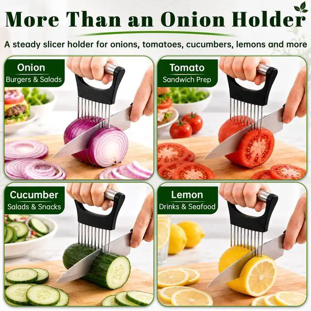 Alt view image 3 of 7 - Slicer, Stainless Steel Onion Holder for Slicing with Protective Cover, Onion Cutter Tool, Food Slicing Guide for Kitchen, Tomato, Potato, Lemon, Meat, Avocado, Egg, Fruit