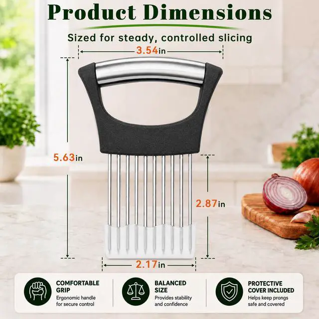 Alt view image 4 of 7 - Slicer, Stainless Steel Onion Holder for Slicing with Protective Cover, Onion Cutter Tool, Food Slicing Guide for Kitchen, Tomato, Potato, Lemon, Meat, Avocado, Egg, Fruit