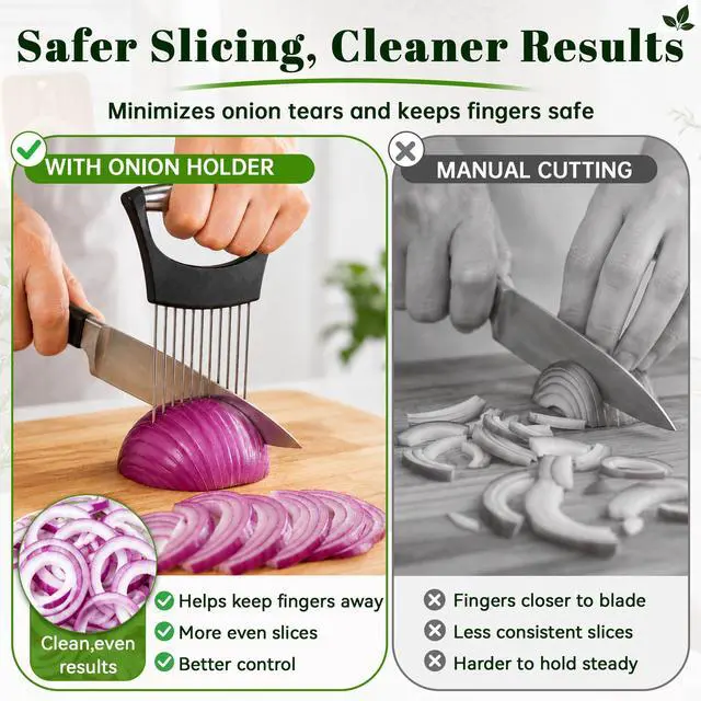 Alt view image 6 of 7 - Slicer, Stainless Steel Onion Holder for Slicing with Protective Cover, Onion Cutter Tool, Food Slicing Guide for Kitchen, Tomato, Potato, Lemon, Meat, Avocado, Egg, Fruit