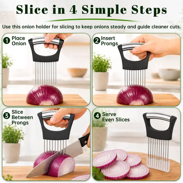 Alt view image 5 of 7 - Slicer, Stainless Steel Onion Holder for Slicing with Protective Cover, Onion Cutter Tool, Food Slicing Guide for Kitchen, Tomato, Potato, Lemon, Meat, Avocado, Egg, Fruit