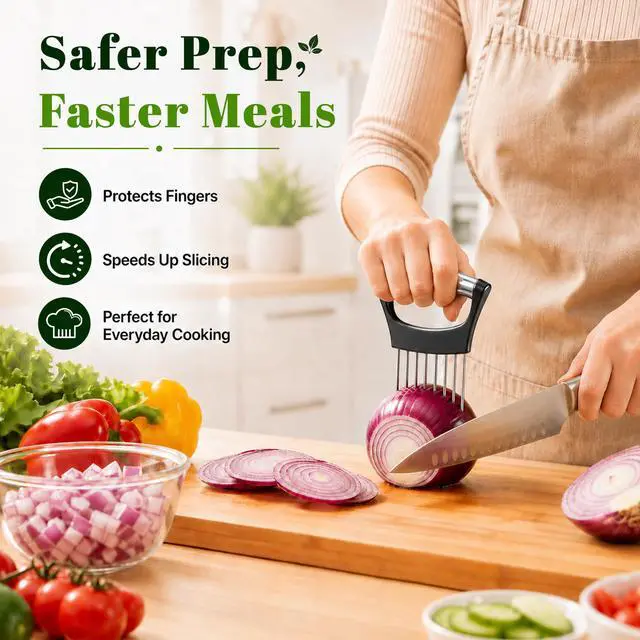 Alt view image 7 of 7 - Slicer, Stainless Steel Onion Holder for Slicing with Protective Cover, Onion Cutter Tool, Food Slicing Guide for Kitchen, Tomato, Potato, Lemon, Meat, Avocado, Egg, Fruit