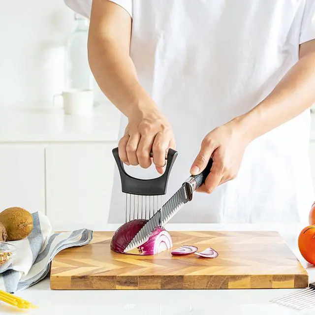 Alt view image 2 of 7 - Holder for Slicing - Stainless Steel Onion Slicer & Vegetable Holder Cutting Tool for Onions, Tomatoes, Avocados, Eggs, Lemon, Potatos | Multi-Use Kitchen Utensil