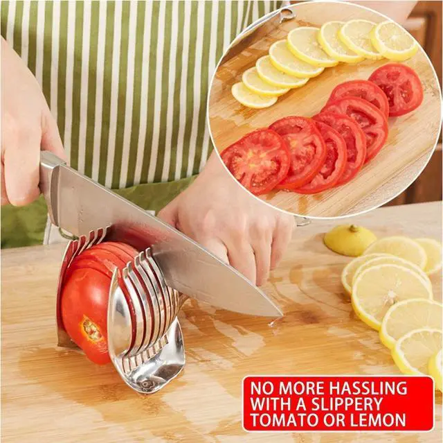 Alt view image 5 of 7 - Tomato Slicer Lemon Cutter Multipurpose Handheld Round Fruit Tongs Stainless Steel Onion Holder Easy Slicing Kiwi Fruits & Vegetable Tools Kitchen Cutting Aid Gadgets Tool