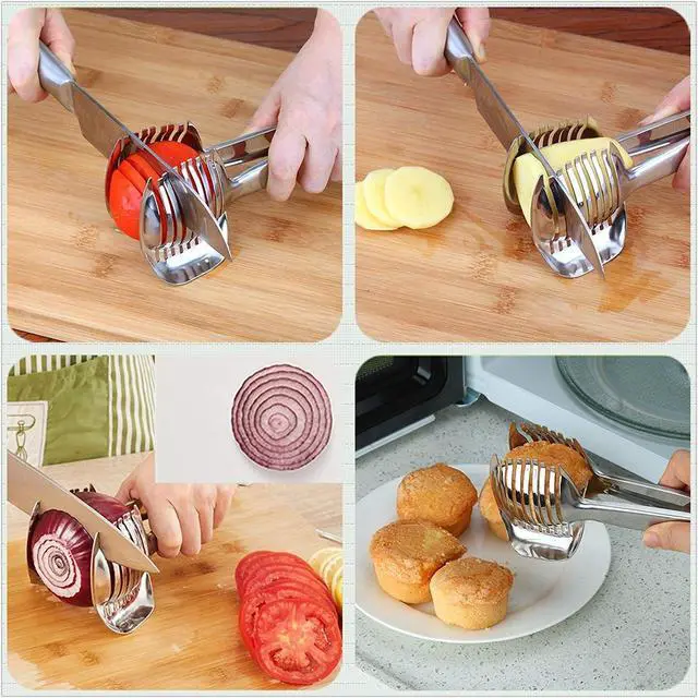 Alt view image 7 of 7 - Tomato Slicer Lemon Cutter Multipurpose Handheld Round Fruit Tongs Stainless Steel Onion Holder Easy Slicing Kiwi Fruits & Vegetable Tools Kitchen Cutting Aid Gadgets Tool