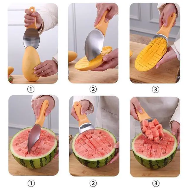 Alt view image 5 of 6 - Pcs Mango Slicer Cutting Tool, Watermelon Cutter Tool, Mango Splitter Dragon Fruit Prep Tool, Mango Pitter and Peeler with Non-Slip Handle Kitchen Tools for papaya, avocado, Kiwi