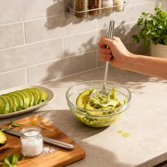 Alt view image 3 of 7 - Avocado Slicer,Stainless Steel Avocado Slicer Tool and Avocado Smasher Tool,Quickly Slices Thinly and Masher,Suitable for Avocados,Potatoes,Dragon Fruit and Other Fruits Vegetables