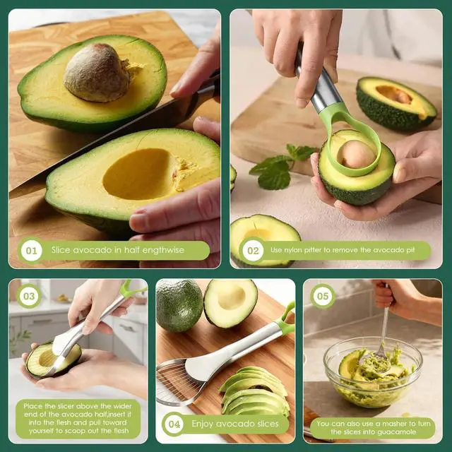 Alt view image 5 of 7 - Avocado Slicer,Stainless Steel Avocado Slicer Tool and Avocado Smasher Tool,Quickly Slices Thinly and Masher,Suitable for Avocados,Potatoes,Dragon Fruit and Other Fruits Vegetables