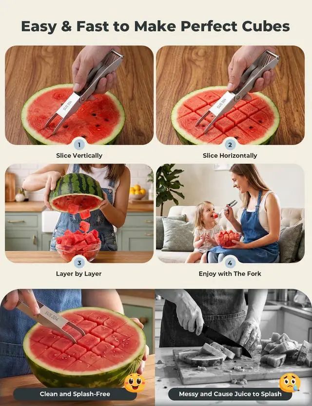 Alt view image 2 of 7 - Watermelon Cutter with Retractable Fork, 2-in-1 Stainless Steel Fruit Cutter Watermelon Cutter Slicer Tool, Melon Slicer Cutter Tool for Home Party Camping Kitchen Gadget