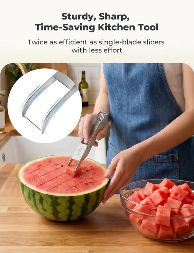 Alt view image 4 of 7 - Watermelon Cutter with Retractable Fork, 2-in-1 Stainless Steel Fruit Cutter Watermelon Cutter Slicer Tool, Melon Slicer Cutter Tool for Home Party Camping Kitchen Gadget
