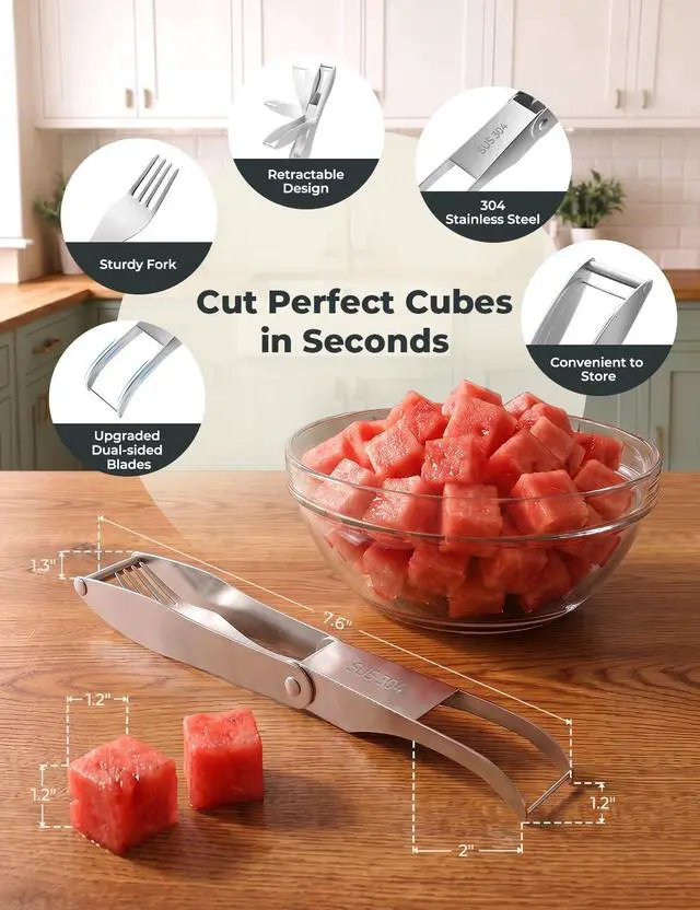 Alt view image 5 of 7 - Watermelon Cutter with Retractable Fork, 2-in-1 Stainless Steel Fruit Cutter Watermelon Cutter Slicer Tool, Melon Slicer Cutter Tool for Home Party Camping Kitchen Gadget