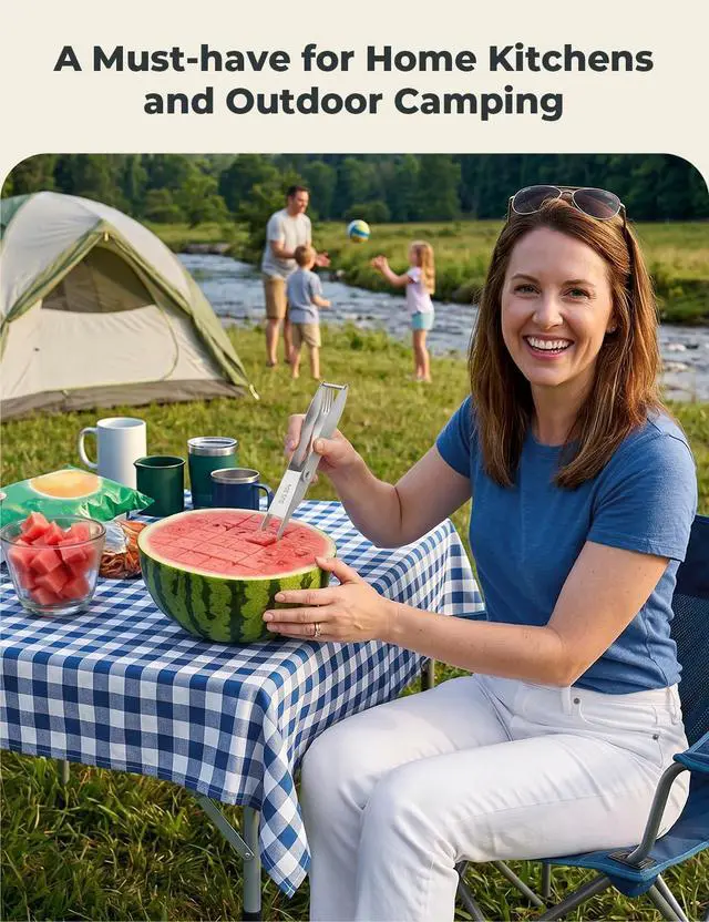 Alt view image 6 of 7 - Watermelon Cutter with Retractable Fork, 2-in-1 Stainless Steel Fruit Cutter Watermelon Cutter Slicer Tool, Melon Slicer Cutter Tool for Home Party Camping Kitchen Gadget