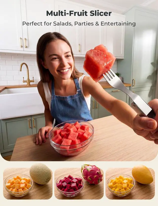 Alt view image 7 of 7 - Watermelon Cutter with Retractable Fork, 2-in-1 Stainless Steel Fruit Cutter Watermelon Cutter Slicer Tool, Melon Slicer Cutter Tool for Home Party Camping Kitchen Gadget