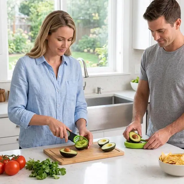Alt view image 5 of 7 - Avocado Slicer, Avocado Cutter Tool, 2-Piece Kitchen Gadget Set with Stainless Steel Blade and Storage Container, Dishwasher Safe for Fruits and Vegetables, Compact Design for Travel and Camping