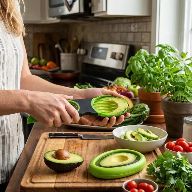 Alt view image 6 of 7 - Avocado Slicer, Avocado Cutter Tool, 2-Piece Kitchen Gadget Set with Stainless Steel Blade and Storage Container, Dishwasher Safe for Fruits and Vegetables, Compact Design for Travel and Camping