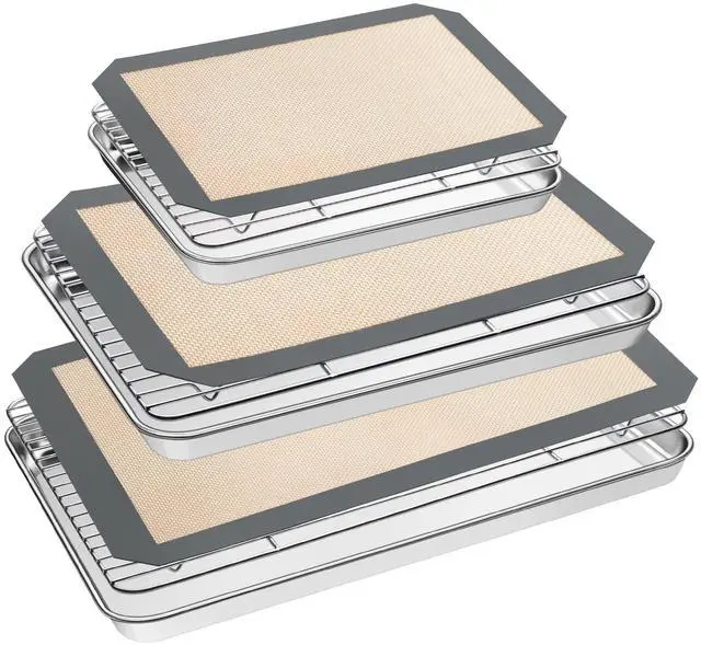 Main image of Baking Sheet Tray Cooling Rack with Silicone Mat Set, Stainless Steel Cookie Pan For Oven, Set of 9 (3 Sheets + 3 Racks Mats), Warp Resistant & Heavy Duty & Easy Clean, Grey