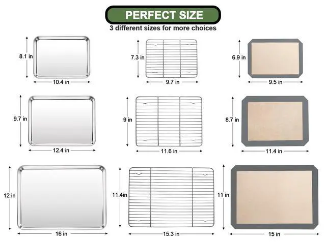 Alt view image 2 of 6 - Baking Sheet Tray Cooling Rack with Silicone Mat Set, Stainless Steel Cookie Pan For Oven, Set of 9 (3 Sheets + 3 Racks Mats), Warp Resistant & Heavy Duty & Easy Clean, Grey