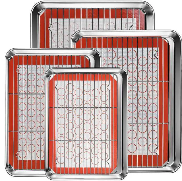 Main image of Baking Sheet Pan Set of 12, CEKEE Stainless Steel Cookie Sheets for Baking with Cooling Rack Silicone Baking Mat, Small/Quarter/Jelly Roll Pan, 9/10/12/16 Inch, Heavy Duty & Non Toxic & Easy Clean