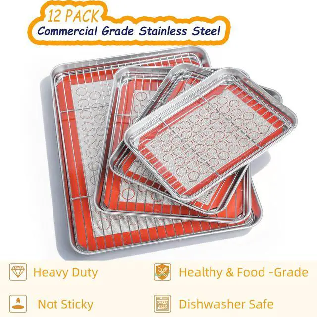 Alt view image 3 of 7 - Baking Sheet Pan Set of 12, CEKEE Stainless Steel Cookie Sheets for Baking with Cooling Rack Silicone Baking Mat, Small/Quarter/Jelly Roll Pan, 9/10/12/16 Inch, Heavy Duty & Non Toxic & Easy Clean
