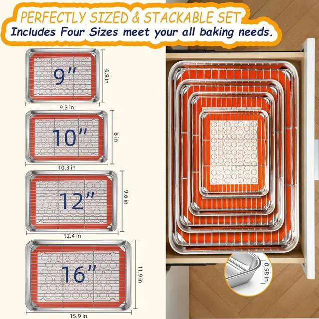 Alt view image 2 of 7 - Baking Sheet Pan Set of 12, CEKEE Stainless Steel Cookie Sheets for Baking with Cooling Rack Silicone Baking Mat, Small/Quarter/Jelly Roll Pan, 9/10/12/16 Inch, Heavy Duty & Non Toxic & Easy Clean