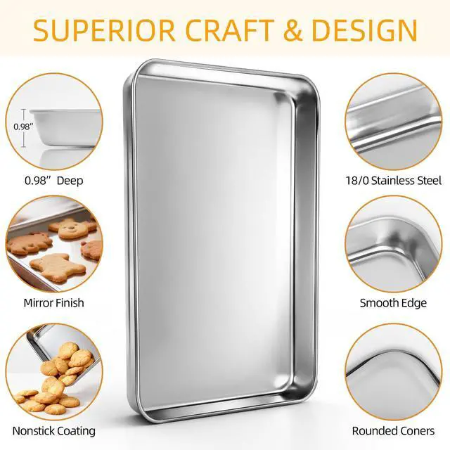 Alt view image 4 of 7 - Baking Sheet Pan Set of 12, CEKEE Stainless Steel Cookie Sheets for Baking with Cooling Rack Silicone Baking Mat, Small/Quarter/Jelly Roll Pan, 9/10/12/16 Inch, Heavy Duty & Non Toxic & Easy Clean