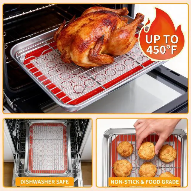 Alt view image 7 of 7 - Baking Sheet Pan Set of 12, CEKEE Stainless Steel Cookie Sheets for Baking with Cooling Rack Silicone Baking Mat, Small/Quarter/Jelly Roll Pan, 9/10/12/16 Inch, Heavy Duty & Non Toxic & Easy Clean