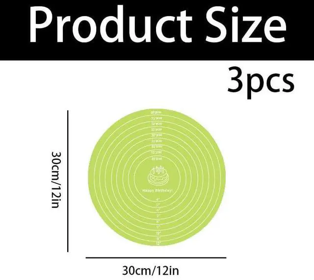 Alt view image 2 of 5 - 3 Pcs Silicone Cake Mats, 12 Inch Round Silicone Baking Mat with Measurements Reusable Non-Stick Non-Slip Heat Resistant Cookie Mat for Cake Turntable Pizza Dough Pastry Rolling (Pink, Blue, Green)
