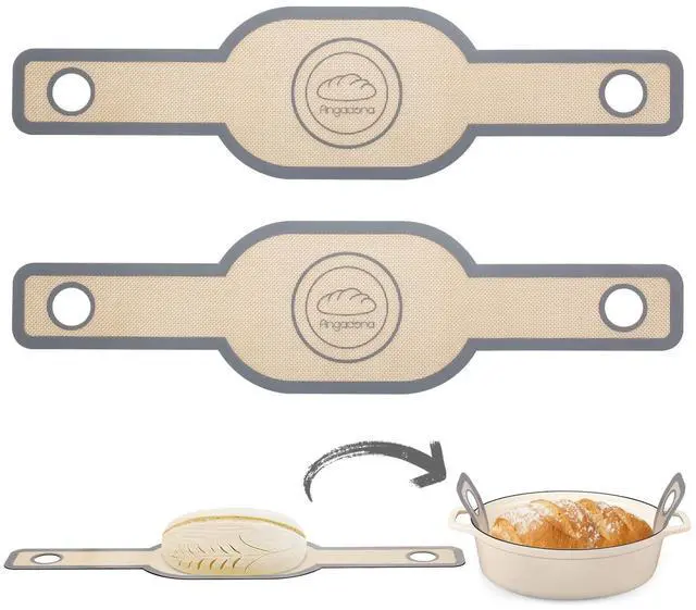 Main image of Silicone Bread Sling Oval- Non-Stick & Easy Clean Reusable Oval Silicone Baking Mat for dutch oven. With Long Handles Sourdough Bread Baking mat tools supplier Liner, 2 pcs Gray
