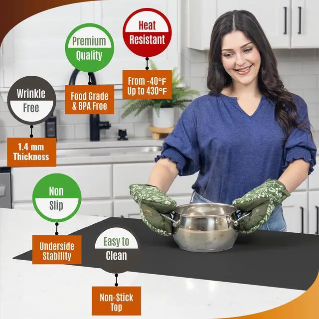 Alt view image 4 of 7 - Silicone Mat for Kitchen Counter with "Edge Protection" Quartz Countertop Protector Mats Silicone Heat Resistant Mat No Folds or Wrinkles 1.4mm Thick, 24"x16", Black