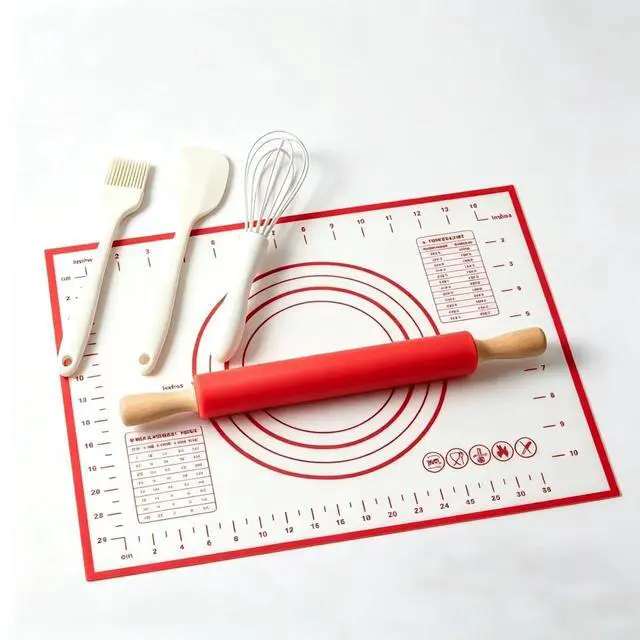 Main image of 5 Piece Mini Silicone Baking Set - Includes 15.75 x 11.81 Inch Small Baking Mat, Rolling Pin, Scrapper, Oil Brush and Whisk, Compact Size Fits Single Server, Dorm, and Small Kitchen