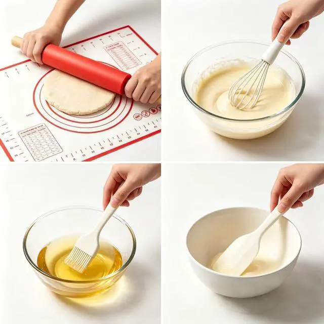 Alt view image 2 of 7 - 5 Piece Mini Silicone Baking Set - Includes 15.75 x 11.81 Inch Small Baking Mat, Rolling Pin, Scrapper, Oil Brush and Whisk, Compact Size Fits Single Server, Dorm, and Small Kitchen