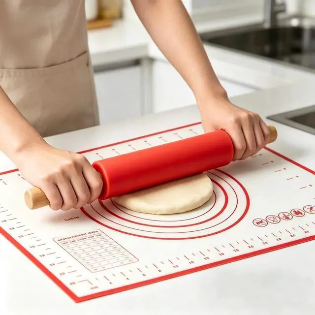 Alt view image 5 of 7 - 5 Piece Mini Silicone Baking Set - Includes 15.75 x 11.81 Inch Small Baking Mat, Rolling Pin, Scrapper, Oil Brush and Whisk, Compact Size Fits Single Server, Dorm, and Small Kitchen