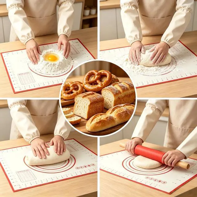 Alt view image 3 of 7 - 5 Piece Mini Silicone Baking Set - Includes 15.75 x 11.81 Inch Small Baking Mat, Rolling Pin, Scrapper, Oil Brush and Whisk, Compact Size Fits Single Server, Dorm, and Small Kitchen